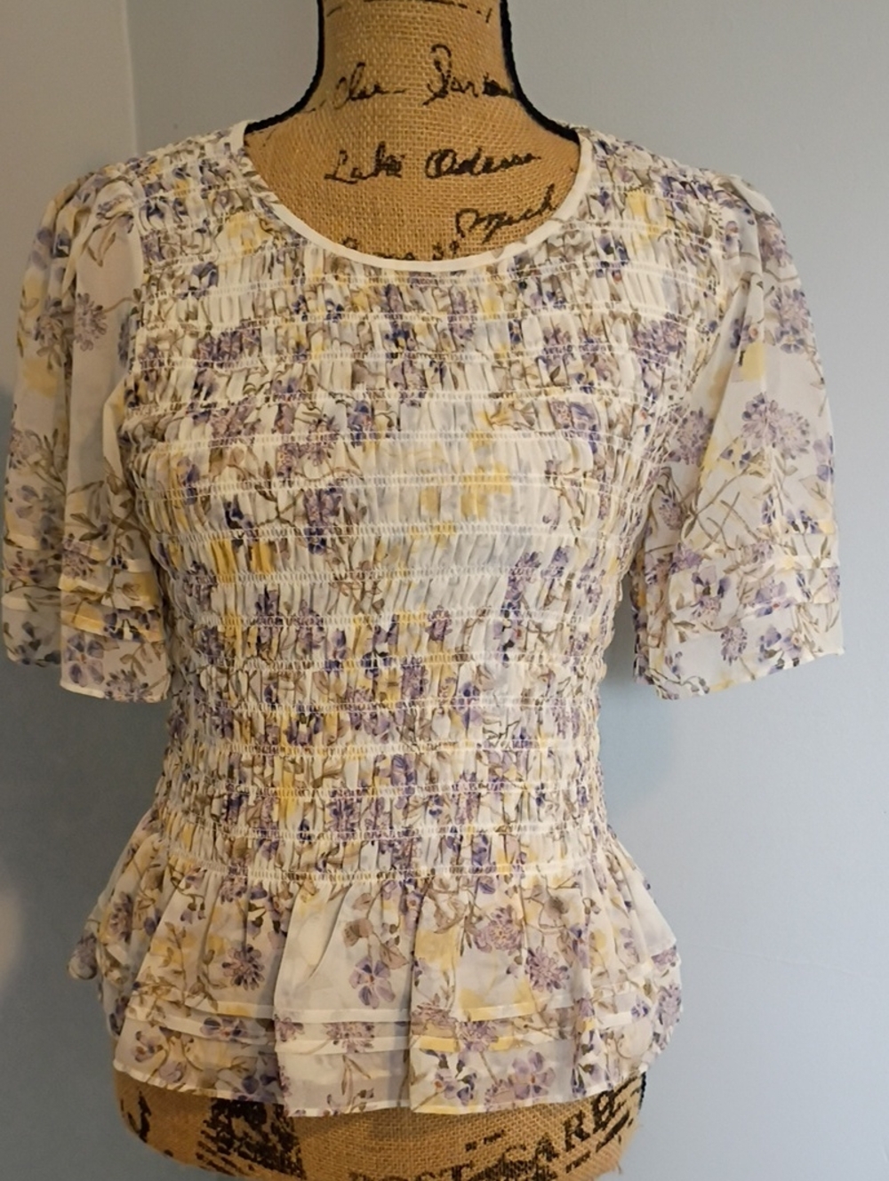Cabi Smocked Floral Peplum Women's Top in White and Lavender